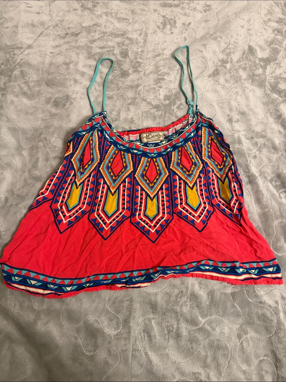 Flying Tomato Red Cropped Tank with Multicolor Geometric Embroidery